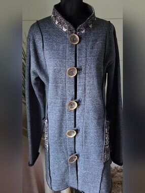 Gray Mixed Media Cardigan XL Boho Sweater Jacket Lagenlook Artisan Hand Jive